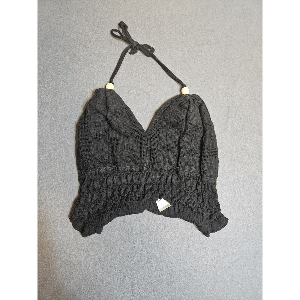 Boho Black Crocheted Bralette XS/S Tie Closures On Neck